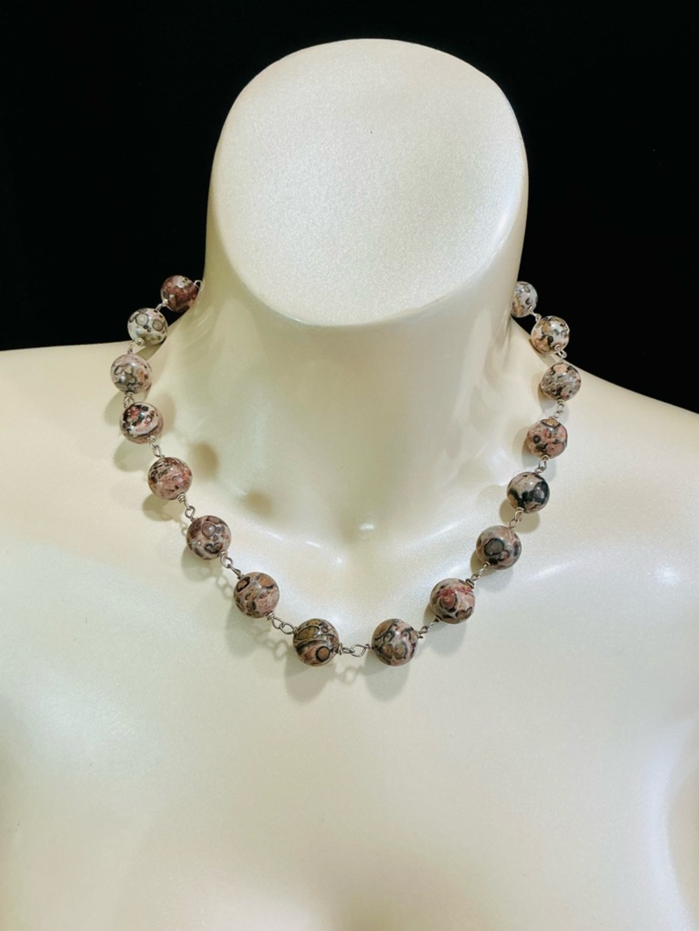 Marbled Pink and Black Natural Gemstone Bead Link Necklace Hippie Bohemian Chic